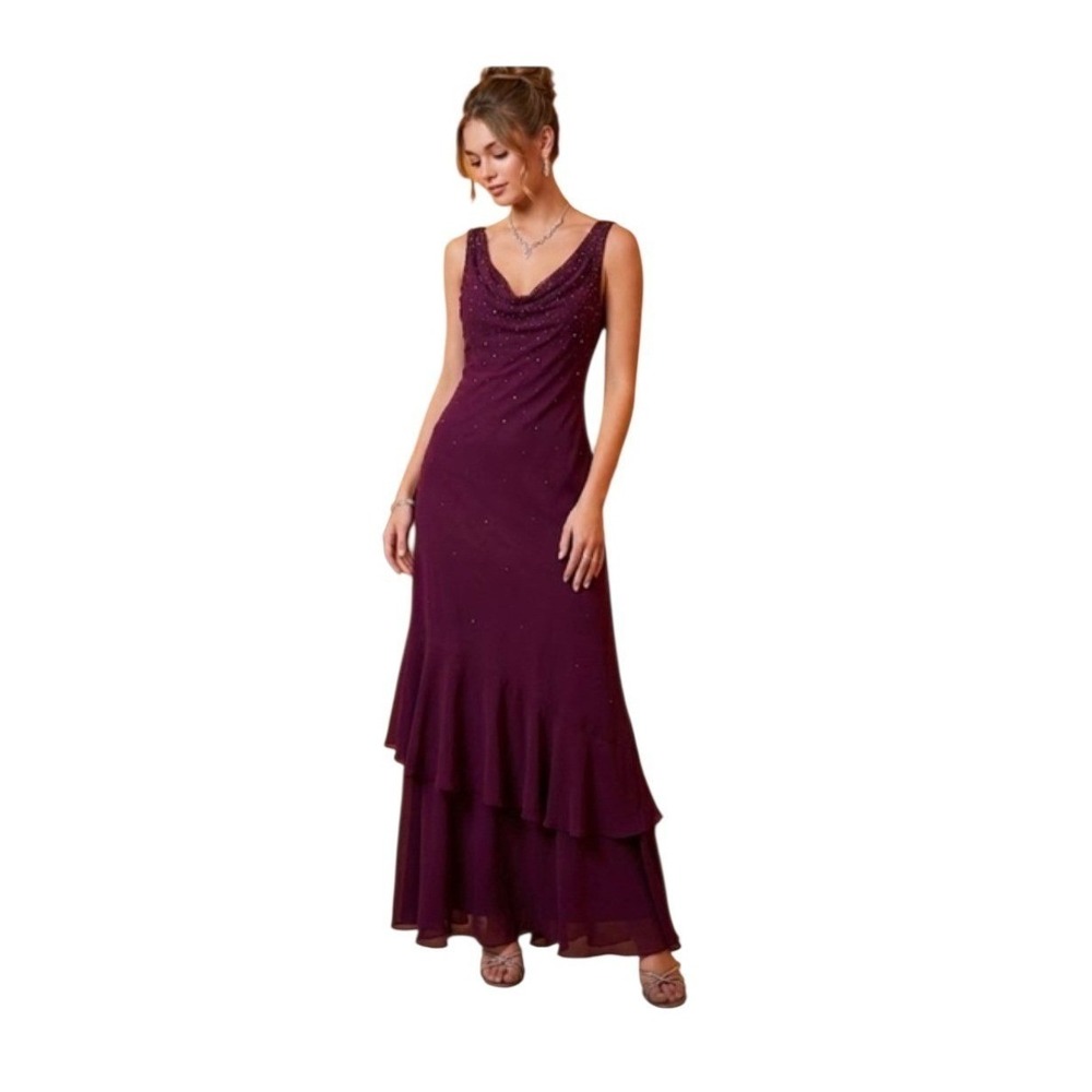 ALEX EVENINGS Women's Maxi Dress Beaded Y2K Size 4 Burgundy Cowl Neck 00's Prom